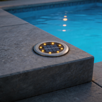Round solar ground light glowing beside a swimming pool at dusk