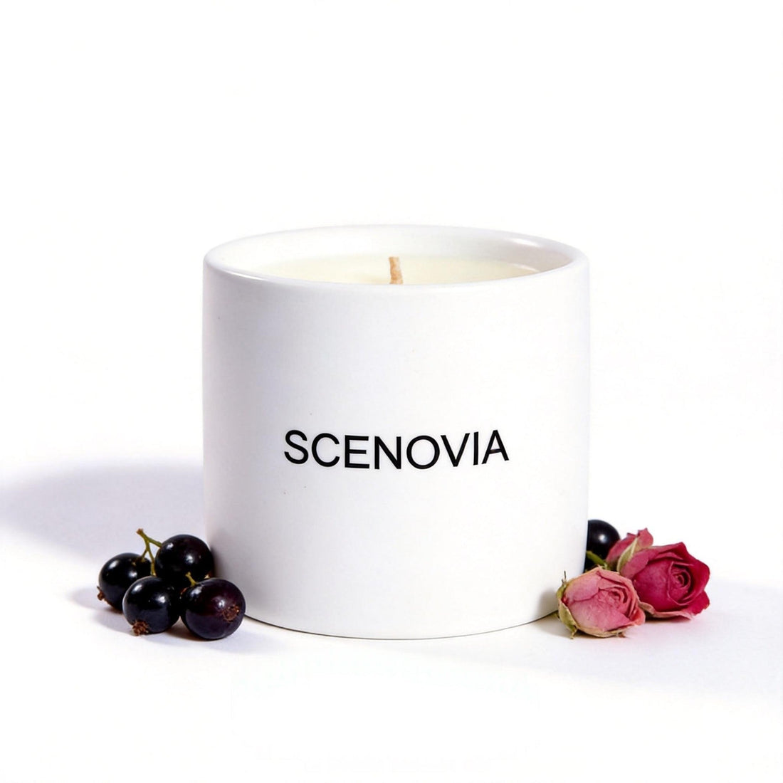 SCENOVIA Blackcurrant & Rose soy candle, white background
