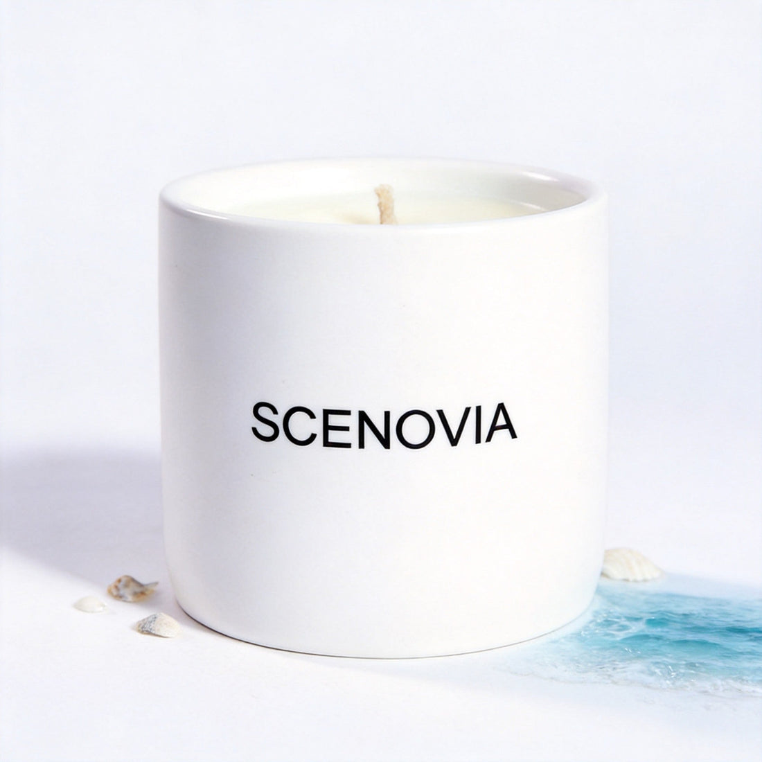 SCENOVIA Coastal Driftwood soy candle, white background