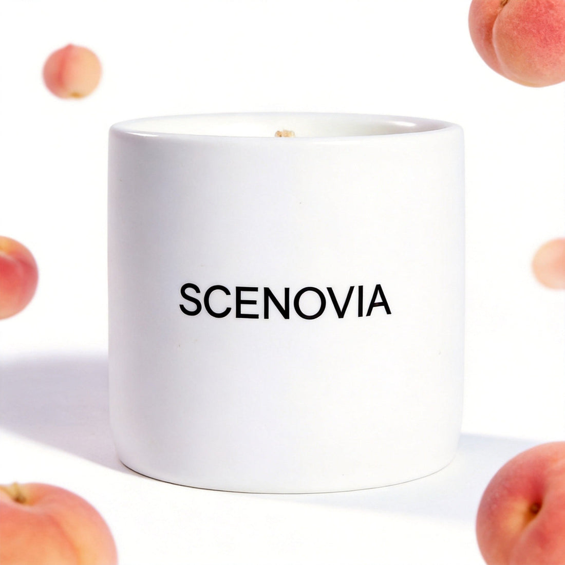 SCENOVIA Velvet Peach soy candle, white background