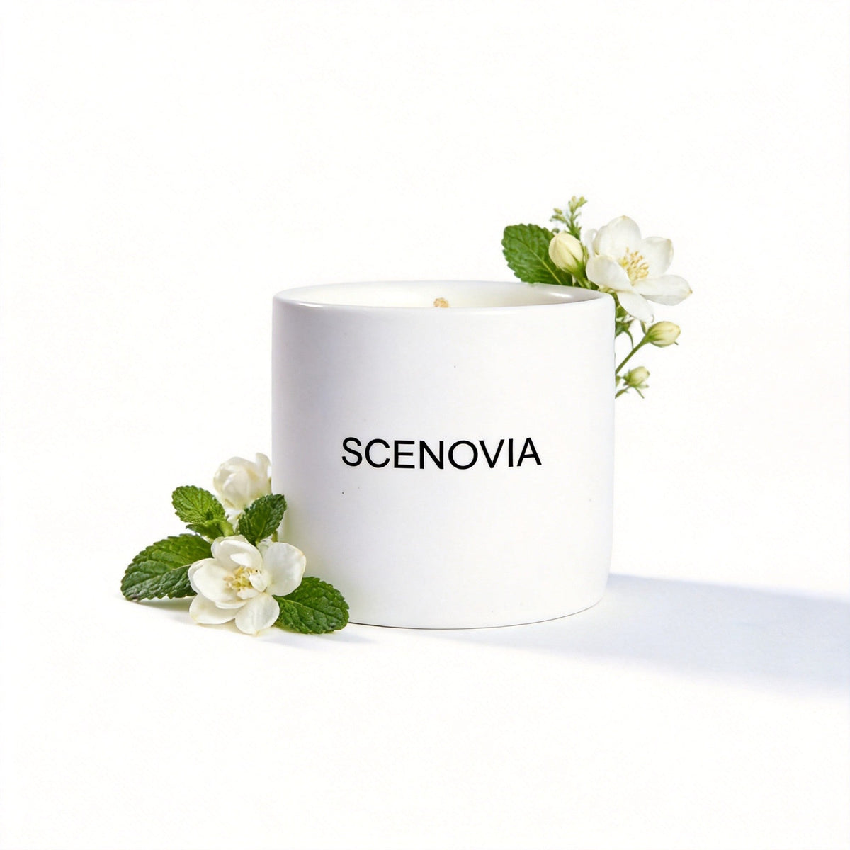 SCENOVIA White Jasmine & Mint soy candle, white background