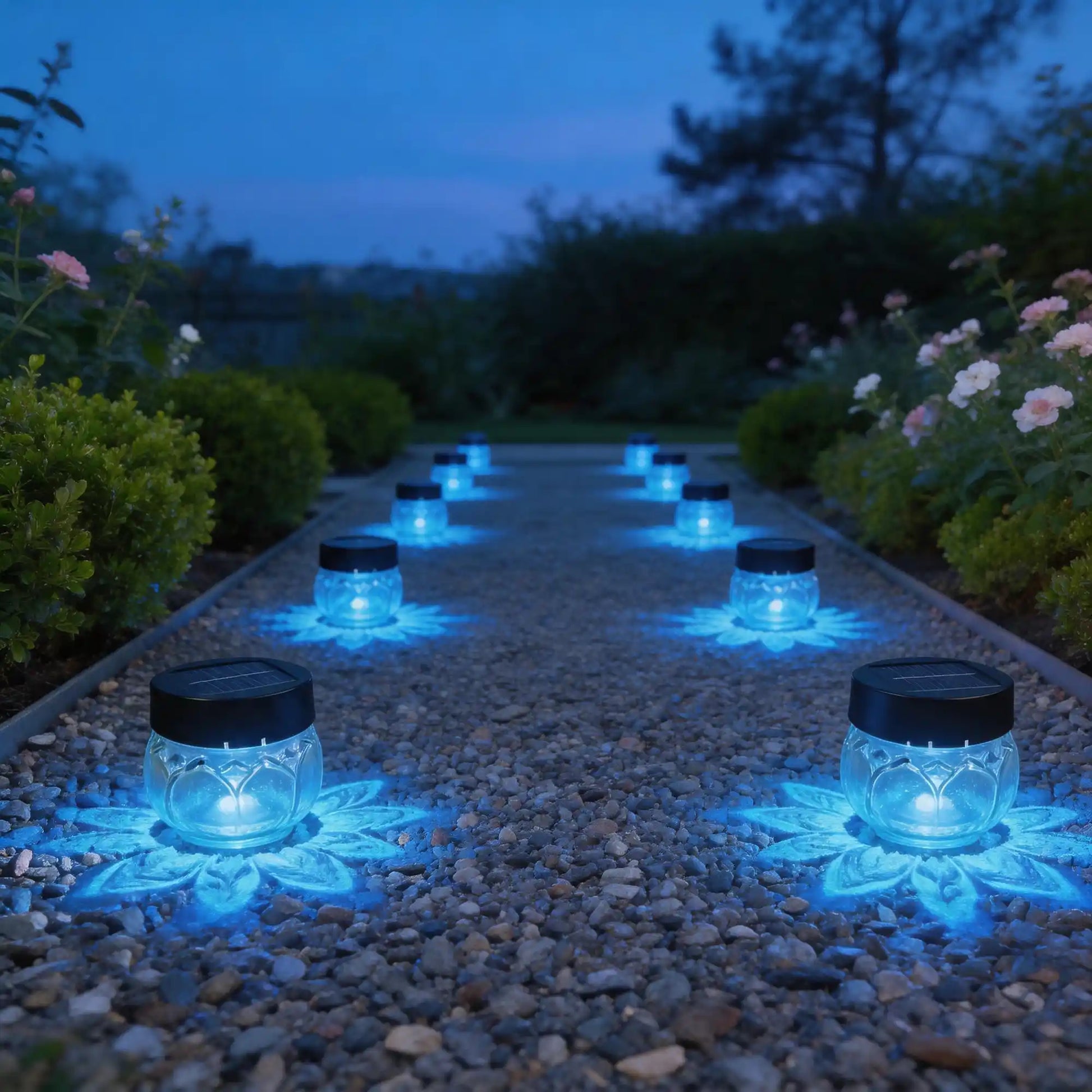 solar lotus light, garden landscape, dusk